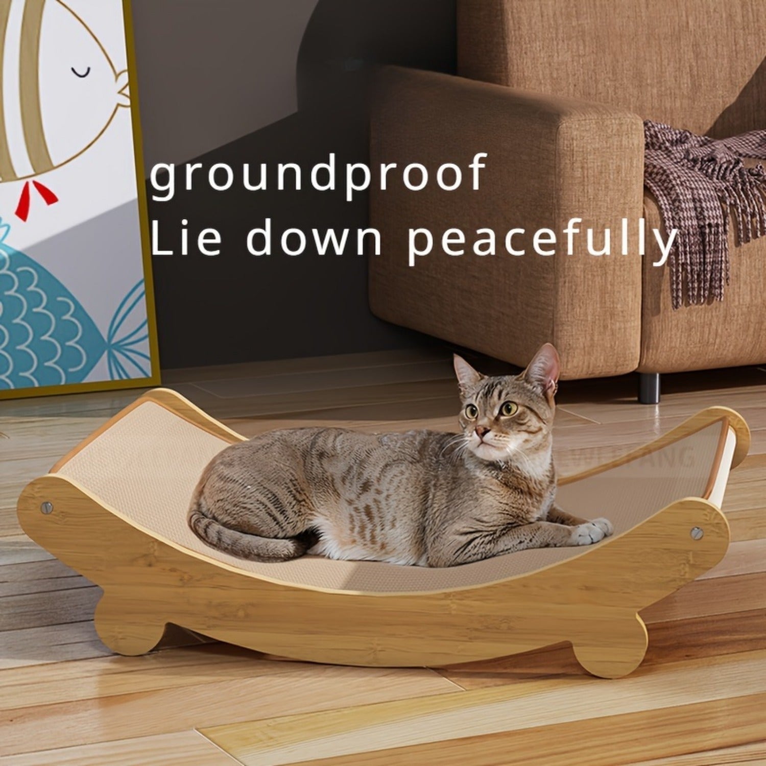 Wooden Cat Scratcher & Lounger — Compact Linen-Covered Design