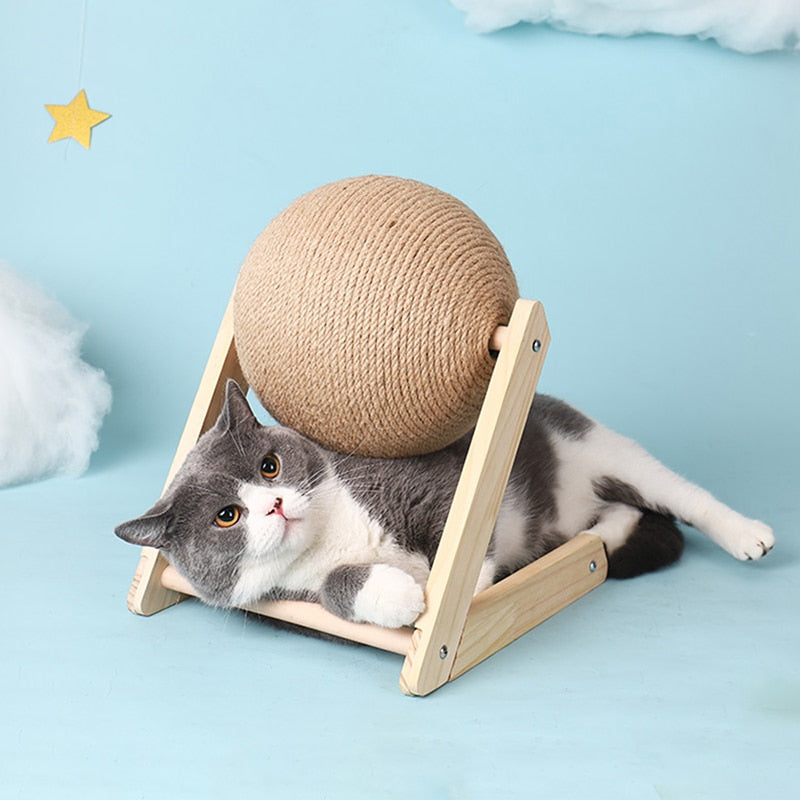 Sisal Rope Cat Scratching Ball — Natural Wood & Hemp Scratcher