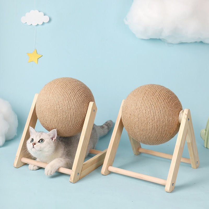 Sisal Rope Cat Scratching Ball — Natural Wood & Hemp Scratcher
