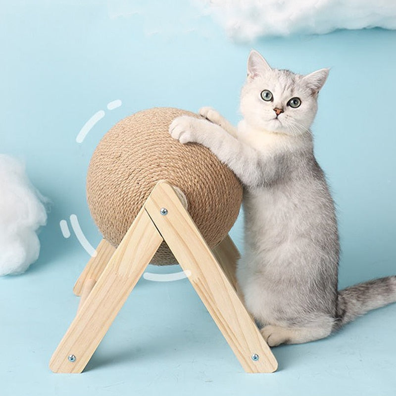 Sisal Rope Cat Scratching Ball — Natural Wood & Hemp Scratcher