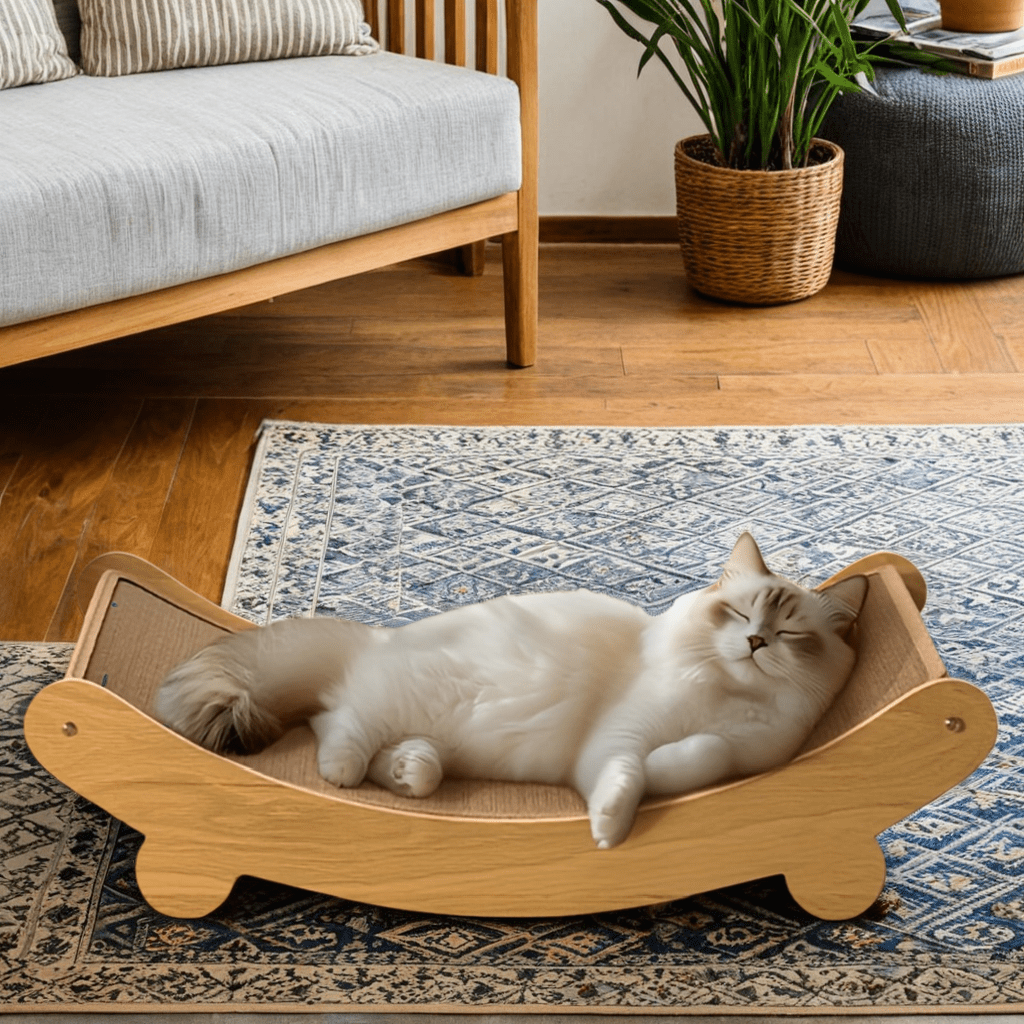 Wooden Cat Scratcher & Lounger — Compact Linen-Covered Design