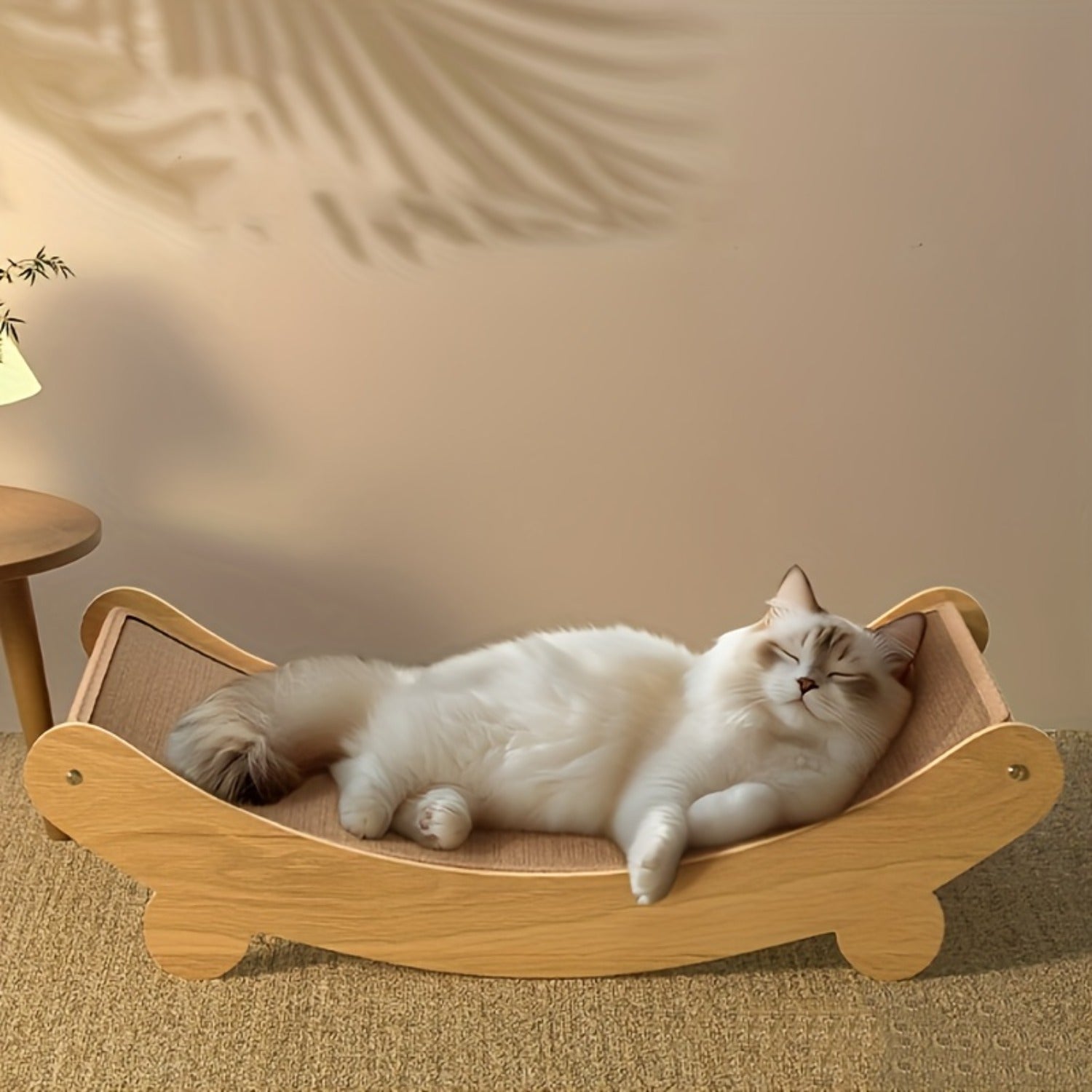 Wooden Cat Scratcher & Lounger — Compact Linen-Covered Design
