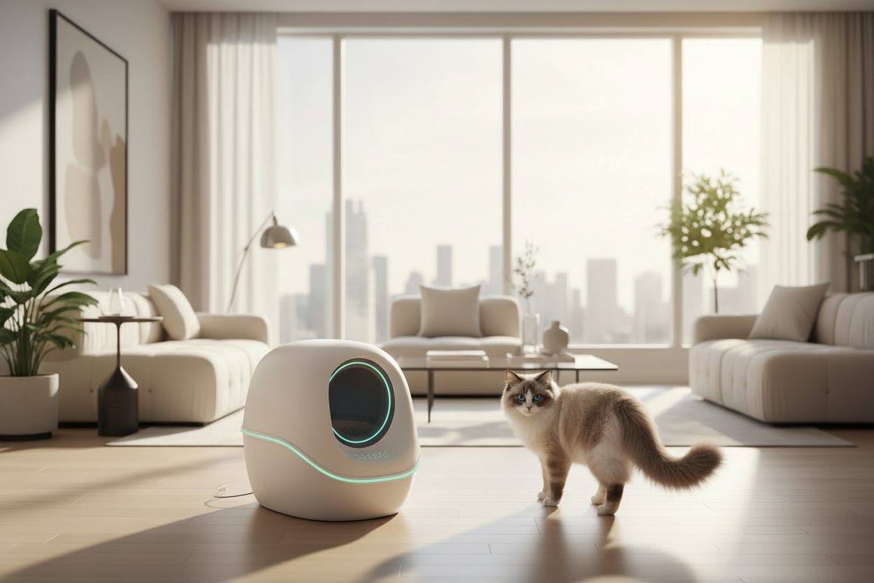 Ragdoll cat and smart litter box with space for text